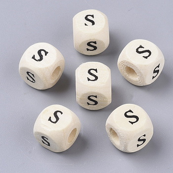 Printed Natural Wood Beads, Horizontal Hole, Cube with Initial Letter, PapayaWhip, Letter.S, 10x10x10mm, Hole: 3.5mm