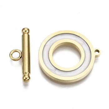 201 Stainless Steel Toggle Clasps, with Enamel, Ring, Real 18K Gold Plated, White, Ring: 22x20x2mm, Hole: 1.5mm, Bar: 21x7x3mm, Hole: 2mm