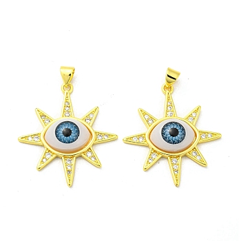Real 18K Gold Plated Brass Pendants, with Cubic Zirconia and Acrylic, Evil Eye, 32x28.5x6mm, Hole: 4.5x3.5mm