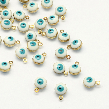 Golden Tone Brass Enamel Charms, Flower with Eye, White, 9x7x5mm, Hole: 1mm