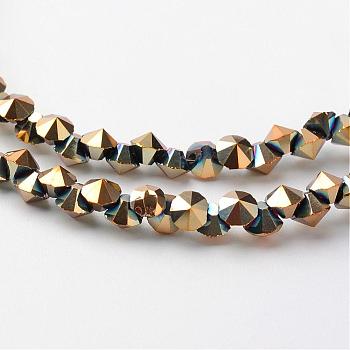 Electroplate Glass Bead Strands, Full Plated, Faceted, Diamond, Golden Plated, 4x4mm, Hole: 1mm, about 143pcs/strand, 11.8 inch