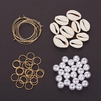 DIY Earring Making, 304 Stainless Steel Hoop Earrings, 304 Stainless Steel Jump Rings, Open Jump Rings, Imitation Pearl Acrylic Beads and Cowrie Shell Beads, Mixed Color, 10mm