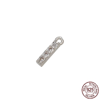 Real Platinum Plated Rhodium Plated 925 Sterling Silver Micro Pave Clear Cubic Zirconia Charms, Initial Letter, Letter I, 9.5x2x1.5mm, Hole: 0.9mm