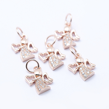 Brass Micro Pave Cubic Zirconia Charms, Angel, Lead Free & Nickel Free & Cadmium Free, Rose Gold, 12x9.5x2mm, Hole: 3.5mm