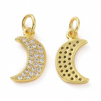 Brass Micro Pave Cubic Zirconia Pendants, Real 18K Gold Plated, with Jump Ring, Moon Charm, Clear, 14x8x1.5mm, Hole: 3.2mm