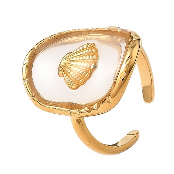 Oval with Shell Shape Resin Finger Rings, 304 Stainless Steel Open Cuff Rings for Women, Golden, 22.5mm, Adjustable