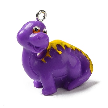 Opaque Resin Pendants, Dinosaur Charms with Platinum Plated Iron Loops, Blue Violet, 26x24x12mm, Hole: 1.8mm