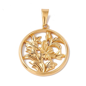 Vacuum Plating 304 Stainless Steel Pendants, Flat Round with Flower Charm, Golden, 36x32x3mm, Hole: 10x4.5mm