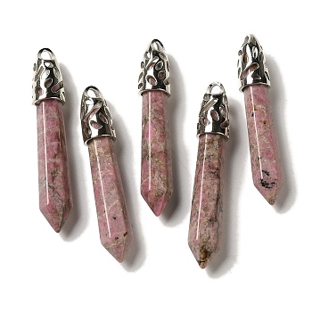 Natural Rhodonite Pointed Big Pendants, Faceted Bullet Charms with Rack Plating Platinum Plated Brass Findings, 56~65x11~11.5x10~10.5mm, Hole: 4X3mm