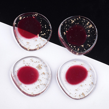 Transparent Resin Cabochons, with Gold Foil, Flat Round, Red, 32.5x30x4~4.5mm