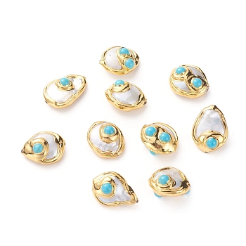 Natural Cultured Freshwater Pearl Beads, with Golden Plated Brass Edge and Natural Turquoise, Mixed Shapes, Golden, 22~27x18~21x11~16mm, Hole: 0.7mm