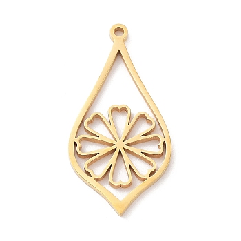 304 Stainless Steel Pendants, Laser Cut, Golden, Leaf with Flower Charm, 32x16x1mm, Hole: 1.5mm