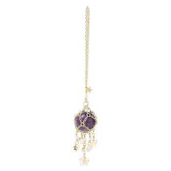Natural Amethyst with Rack Plating Brass Pendants Decorations, Plastic Imitation Pearl and Glass Beads, Cadmium Free & Lead Free, Round, 7-5/8 inch(19.5cm)