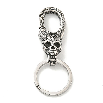 Tibetan Style 316 Surgical Stainless Steel Fittings with 304 Stainless Steel Key Ring, Skull, Antique Silver, 72.5mm