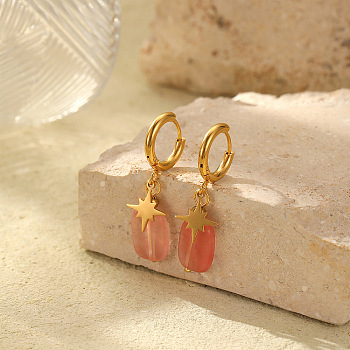 Retro Minimalist Natural Cherry Quartz Glass Stainless Steel Hoop Earrings, Star, Real 18K Gold Plated, 39x15mm