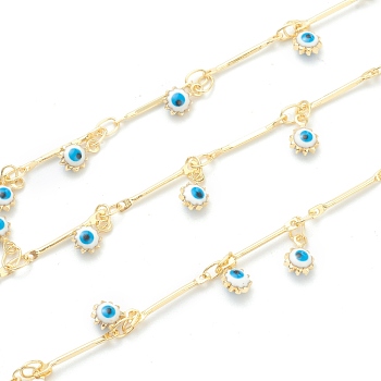 Golden Brass Bar Link Chain, with Enamel Evil Eye Charms, Long-Lasting Plated, with Spool, Soldered, White, 6.5x4x2.5mm, 10m/roll