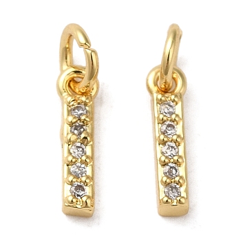 Brass Micro Pave Grade AAA Cubic Zirconia Charms, Letter I, Cadmium Free & Nickel Free & Lead Free, Real 18K Gold Plated, 8.5x2x1.5mm, Hole: 2mm