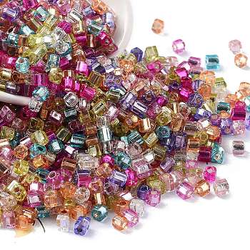Glass Seed Beads, Silver Lined, Square, Colorful, 3~4x3x3mm, Hole: 1.2mm, about 6300pcs/pound