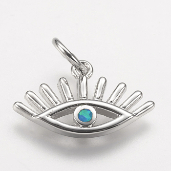 Brass Pendants, with Synthetic Opal, Eye, Platinum, Blue, 11x17.5x2mm, Hole: 4mm