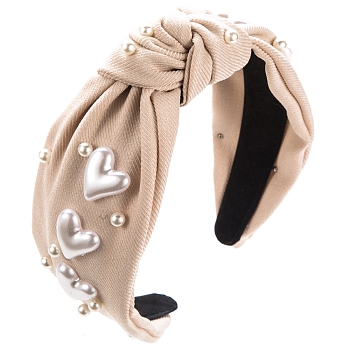 Valentine's Day Heart Plastic Pearl Hair Bands, Wide Twist Knot Cloth Hair Accessories for Women Girls, Beige, 155x130x30mm