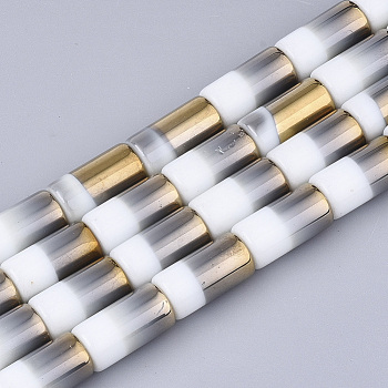 Half Electroplate Opaque Glass Beads Strands, Column, Creamy White, 19.5~20x10mm, Hole: 1.4mm, about 17pcs/strand, 13.38 inch