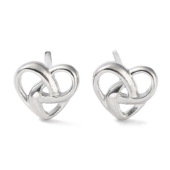 304 Stainless Steel Stud Earrings, Hollow Heart, Stainless Steel Color, 7x6.5mm