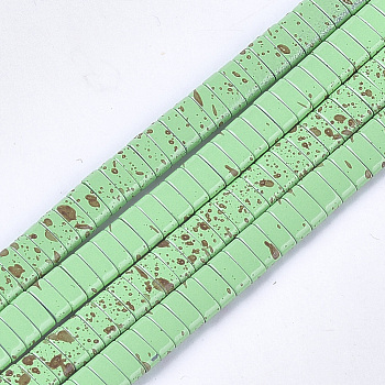 Spray Painted Non-magnetic Synthetic Hematite Multi-Strand Links, Two Hole Carrier Beads, For Tile Elastic Bracelets Making, Rectangle, Light Green, 2x5x2mm, Hole: 0.6mm, about 172pcs/strand, 16.1 inch