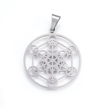 304 Stainless Steel Pendants, Flat Round with Hexagon, Stainless Steel Color, 43x39x1.2mm, Hole: 11x6mm