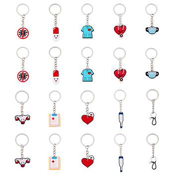20Pcs Medical Theme Pattern PVC Plastic Pendants Keychain, with 304 Stainless Steel Findings, Mixed Color, 7~9cm, 10 style, 2pcs.style, 20pcs/set
