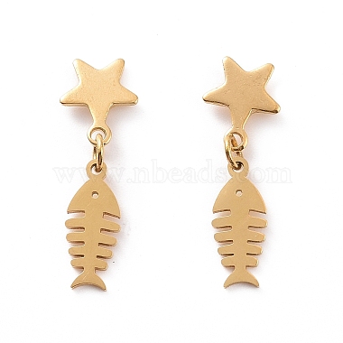 304 Stainless Steel Fishbone with Star Dangle Stud Earrings for Women(EJEW-G328-11)-2