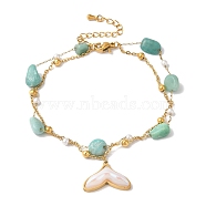 Summer Beach Nuggets Natural Amazonite & Imitation Pearl Multi-Strand Anklets, Whale Tail Ion Plating(IP) 304 Stainless Steel Resin Charm Anklets for Women, Golden, 8-3/8 inch(21.2cm)(BJEW-P326-06B-G)