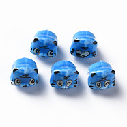 Handmade Porcelain Beads, Famille Rose Style, Tiger, Royal Blue, about 12x10.5x11mm, Hole: 1.8mm(PORC-T007-20G)
