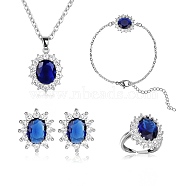 Cubic Zirconia Oval Pendant Necklace & Link Bracelet & Cuff Ring & Stud Earrings, Platinum Brass Jewelry Set for Women, Marine Blue, 413mm, 167mm, Inner Diameter: 17mm, 13.5x11.5mm, Pin: 0.7mm(SJEW-SZC0001-01C)