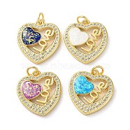 Valentine's Day Brass Micro Pave Clear Cubic Zirconia Pendants, with Synthetic Opal, Real 18K Gold Plated, Heart with Word Love Charms, Mixed Color, 19x17.5x3mm, Hole: 3.5mm(KK-C045-37G)