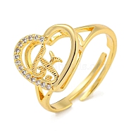 Heart with Letter Rack Plating Brass Micro Pave Cubic Zirconia Adjustable Rings for Women, Lead Free & Cadmium Free, Real 18K Gold Plated, Letter F, Inner Diameter: 16mm(RJEW-I105-06G-F)