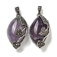 Natural Amethyst Horse Eye Pendants, Rack Plating Alloy Rhinestone Heart Leaf Charms, Antique Silver, Cadmium Free & Lead Free, 31x16x11.5mm, Hole: 5x3mm(G-F766-01AS-04)