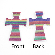 PU Leather Big Pendants, Cross with Stripe Pattern, Colorful, 58x39x2mm, Hole: 1.5mm(FIND-T020-009B)