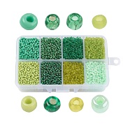 12/0 Glass Seed Beads, Mixed Style, Round, Green, 2~2.5x2mm, Hole: 0.5mm, about 12500pcs/box, Packaging Box: 11x7x3cm(SEED-JP0006-02-2mm)