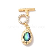 Real 18K Gold Plated Brass Micro Pave Clear Cubic Zirconia Toggle Clasps, with Natural Abalone Shell/Paua Shell, Irregular Oval, Colorful, Pendant: 16x8.5x5mm, Hole: 1.2mm; Bar: 13x4x1.8mm, Hole: 1.2mm; Ring: 8.5x16x1.9mm, Hole: 1mm(KK-M243-10G-01)