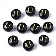 Handmade Lampwork Beads, with Golden Plated Brass Etched Metal Embellishments, Flat Round with Alphabet, Letter.U, 8x5mm, Hole: 0.8mm(LAMP-S196-001U)
