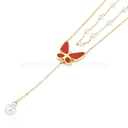 Ion Plating(IP) Golden Tone 304 Stainless Steel Double Layer Butterfly Pendant Necklaces for Women, with Plastic, Red, 16.22 inch(41.2cm)(NJEW-K276-08G-02)