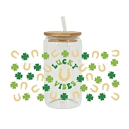 Saint Patrick's Day Theme PET Clear Film Clover Rub on Transfer Stickers for Glass Cups, Waterproof Cup Wrap Transfer Decals for Cup Crafts, Green, 110x230mm(PW-WG36251-03)