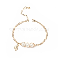 Shell Pearl & Leaf Charm Bracelet, Brass Jewelry for Women, Golden, 7-1/8 inch(18cm)(BJEW-TA00239)