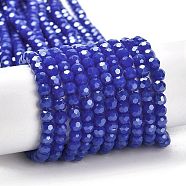 Electroplate Opaque Glass Beads Strands, Faceted(32 Facets), Pearl Luster Plated, Round, Blue, 4mm, Hole: 0.7mm, about 87~93pcs/strand, 32~33cm(EGLA-A035-P4mm-A07)