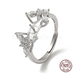 Rhodium Plated 925 Sterling Silver Micro Pave Cubic Zirconia Adjustable Ring Settings, for Half Drilled Beads, Flower, with S925 Stamp, Real Platinum Plated, US Size 7 3/4(17.9mm), Pin: 0.9(STER-NH0001-58P)