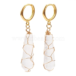 Brass Huggie Hoop Earrings, with Natural Quartz Crystal Wire Wrapped Bullet Pendants, Golden, 50mm, Pin: 1mm(EJEW-JE04462-03)