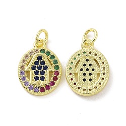 Brass Micro Pave Cubic Zirconia Pendants, Real 18K Gold Plated, with Jump Ring, Oval & Hamsa Hand/Hand of Fatima/Hand of Miriam Charms, Colorful, 16x12x2mm, Jump Ring: 5x0.8mm, Inner Diameter: 3.2mm(KK-E068-VF084)