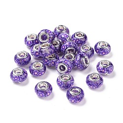 Transparent Resin European Rondelle Beads, Large Hole Beads, with Flower Polymer Clay and Platinum Tone Alloy Double Cores, Slate Blue, 14x8.5mm, Hole: 5mm(RPDL-P005-01P-03)