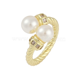 Twist Rack Plating Brass Micro Pave Cubic Zirconia Rings, Pearl Open Cuff Rings for Women, Long-Lasting Plated, Real 18K Gold Plated, 16mm, Inner Diameter: 17mm(RJEW-D080-03G-01)