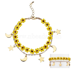 Glass Seed Braided Flower Multi-strand Bracelet, 304 Stainless Steel Moon and Star Charm Bracelet with Brass Chains for Women, Golden, Yellow, 7-1/8 inch(18cm)(BJEW-SW00069-02)